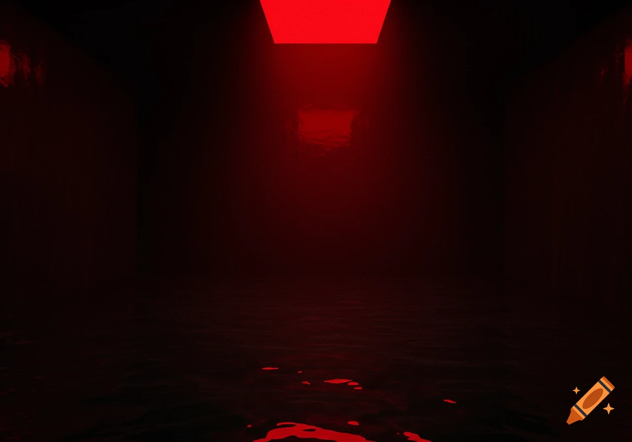 A dark room with black walls flooded with water reflecting a bright red light from above.