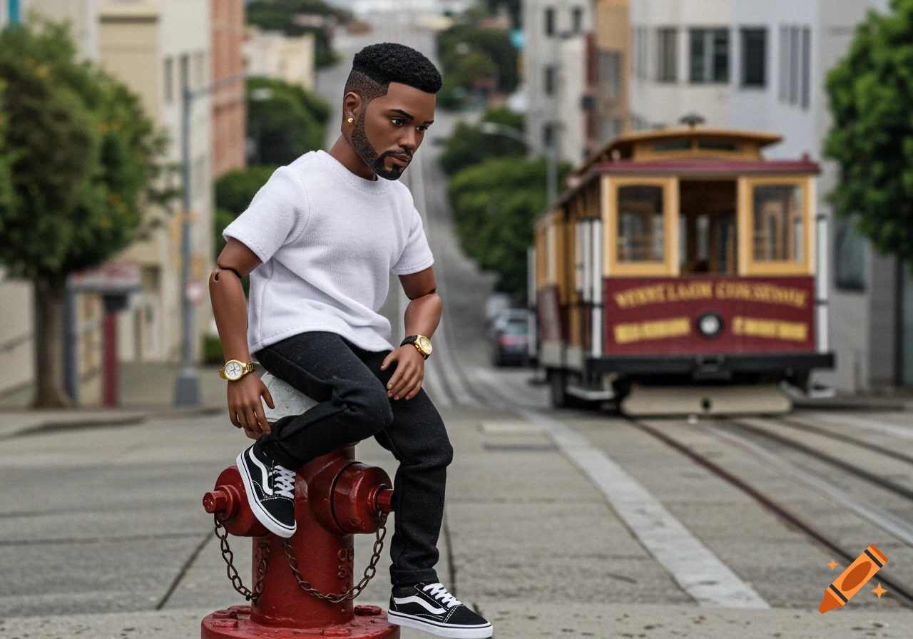 Photorealistic action figure doll sits on a fire hydrant on a San Francisco street with a blurred cable car in the background.