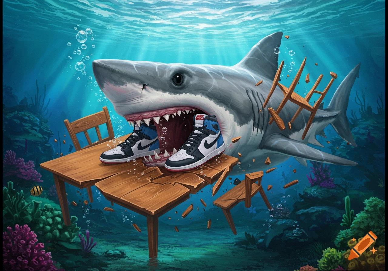 A cartoon great white shark underwater with sneakers on its mouth, biting and breaking a wooden table. Broken chairs float nearby in the coral reef environment.