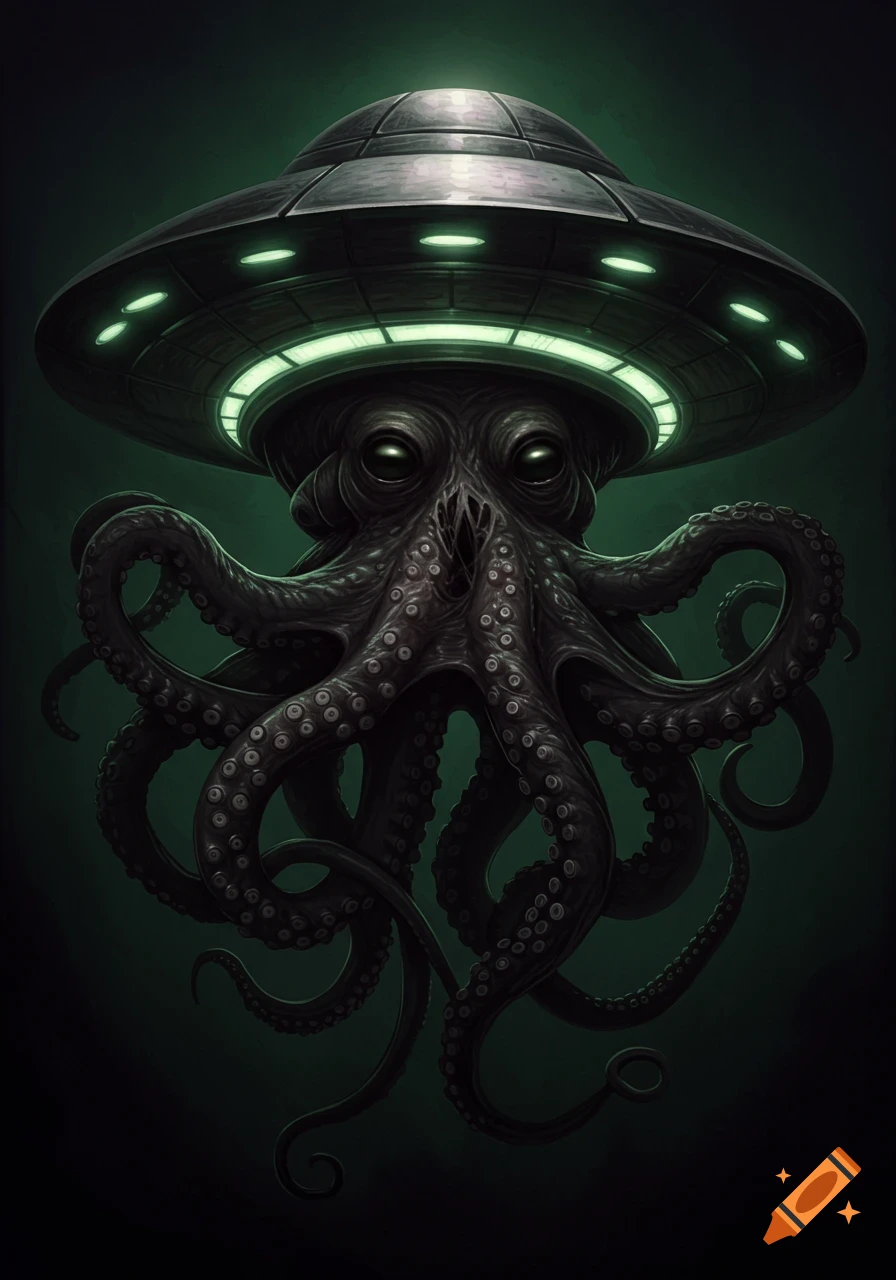 A dark, creepy octopus creature emerging from below a flying saucer, against a dark green background.