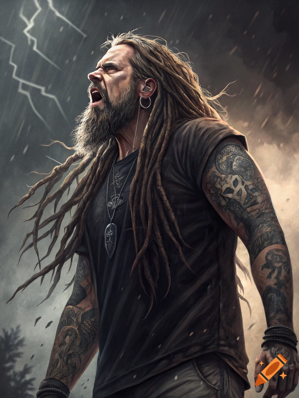 Man with dreadlocks and tattoos yells at lightning in a stormy, dramatic sky