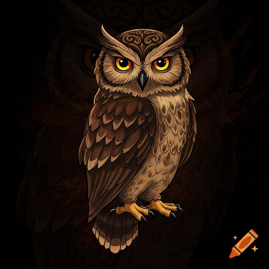Stylized brown owl illustration in tattoo art style