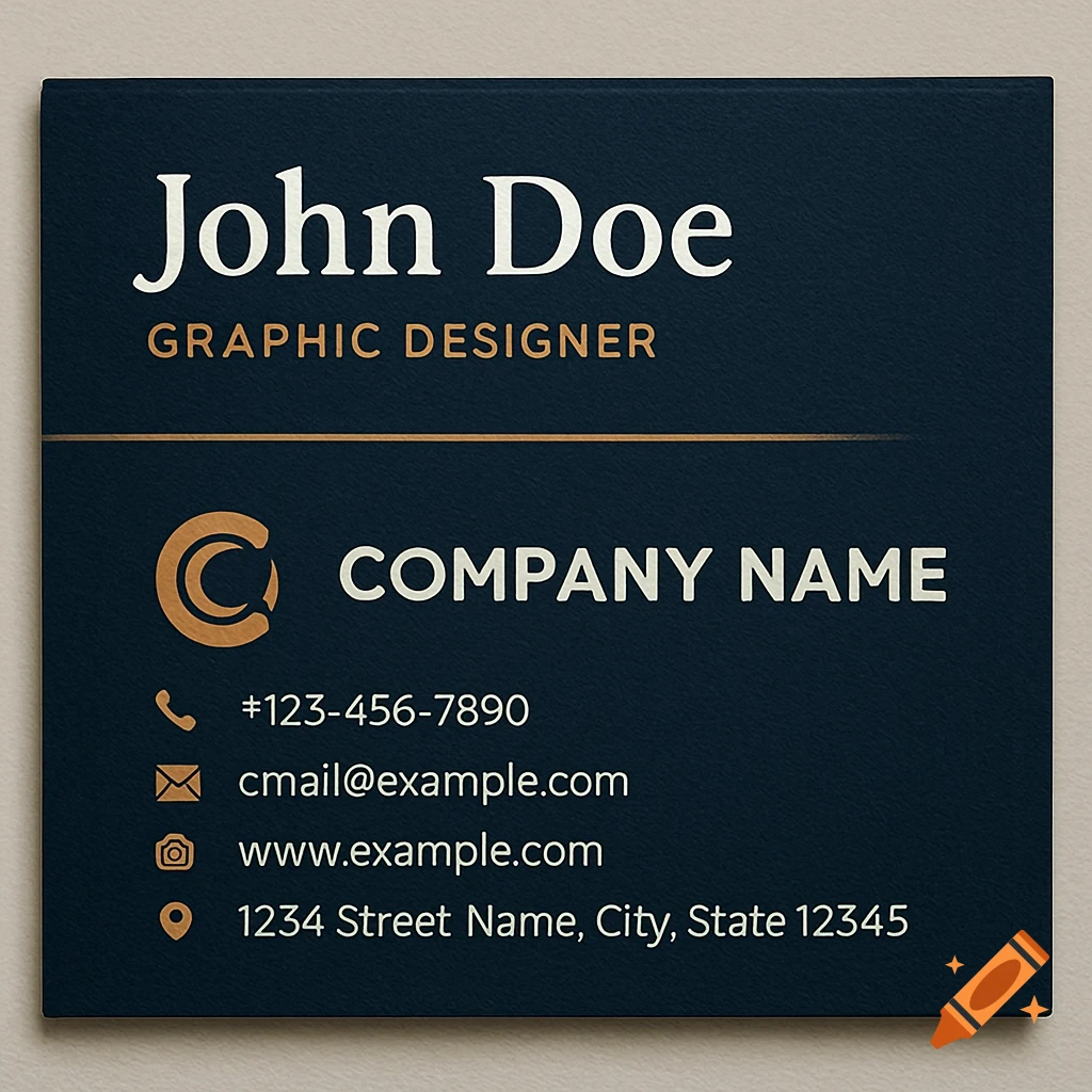 Dark blue business card with gold text and logo.