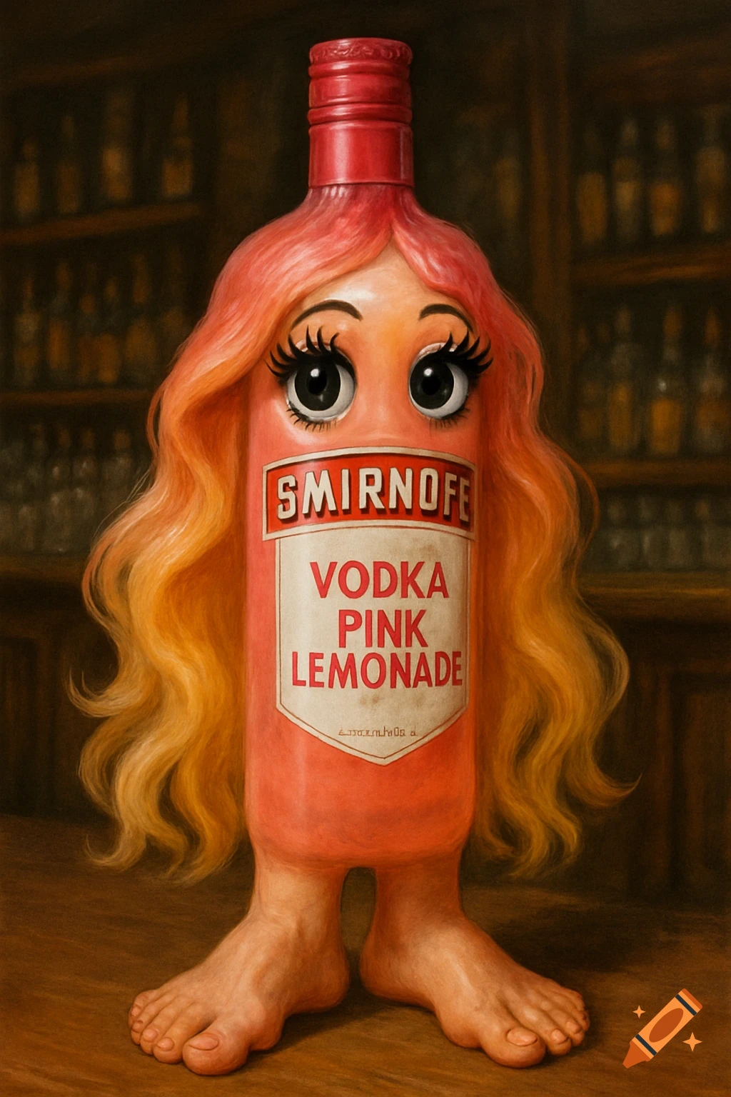 Realistic painting of a Smirnoff Pink Lemonade vodka bottle with human feet, eyes, and pink/yellow hair standing on a bar.