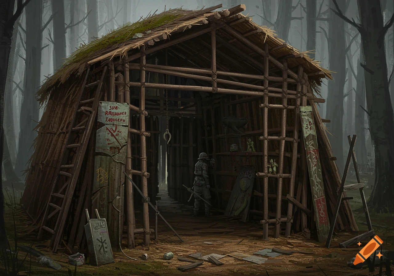 A makeshift wooden and straw shelter stands in a foggy forest with a person in military gear inside.