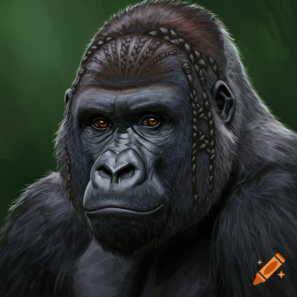 Portrait of a gorilla with cornrows.