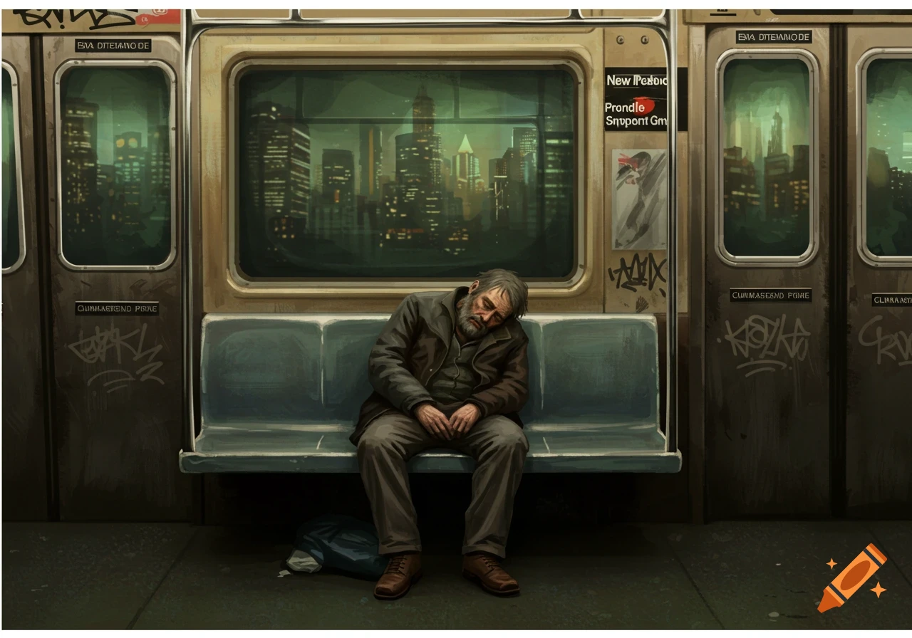 A man sleeps on a subway bench with city lights visible outside.