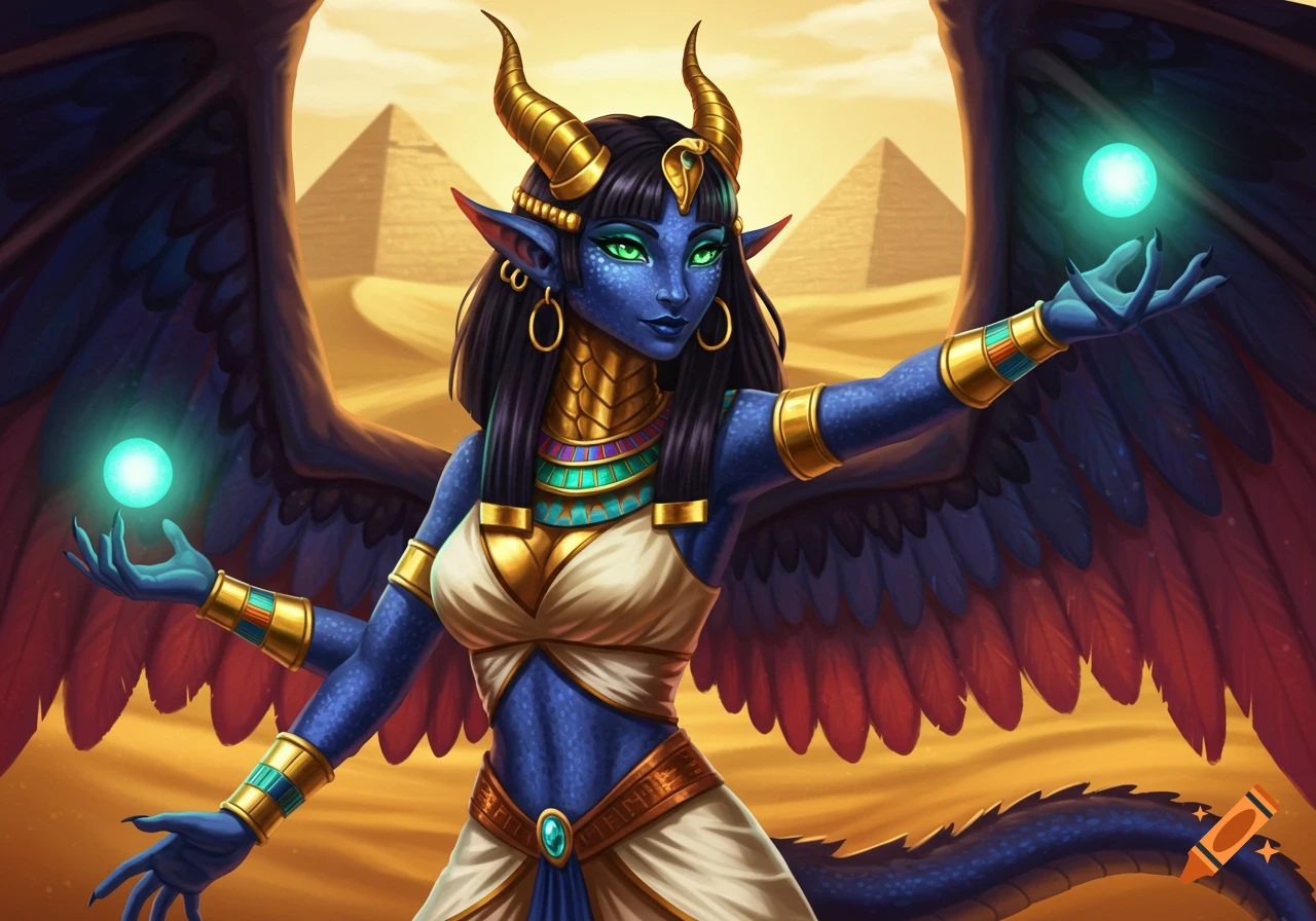 A blue-skinned fantasy creature with wings, horns, and green eyes in Egyptian attire holds glowing orbs in a desert with pyramids.
