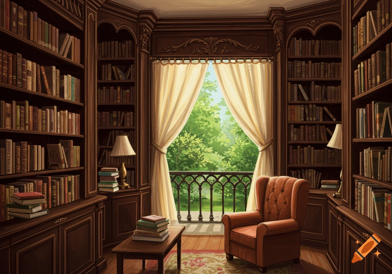 An illustration of a cozy library with full bookshelves, a chair, and a ...