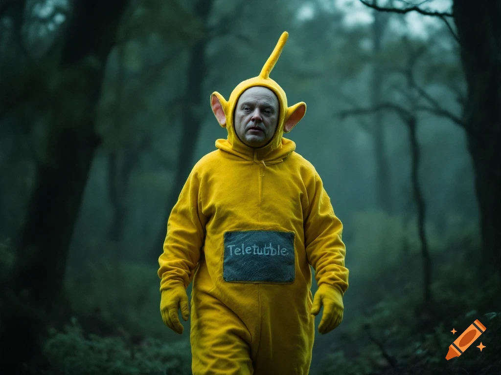 A man in a yellow Teletubby costume stands eerily in a dark, grainy forest.
