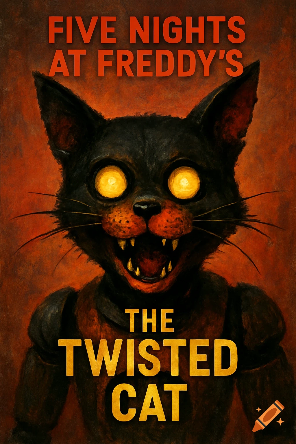 Book cover for 'Five Nights at Freddy's: The Twisted Cat' featuring a scary black cat animatronic with glowing eyes and sharp teeth.