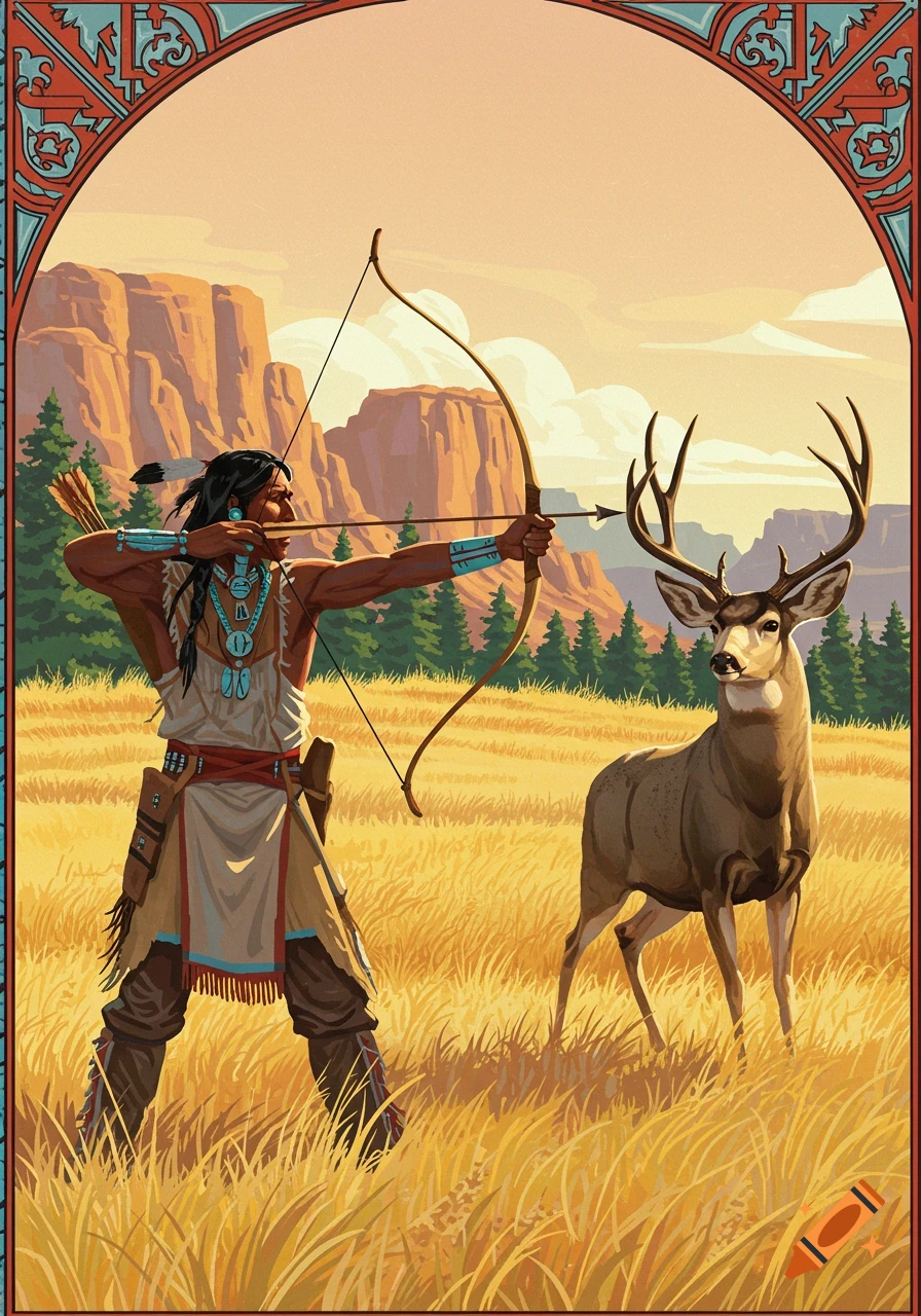 Native American hunter aims bow at deer in a grassy field, illustrated poster style.