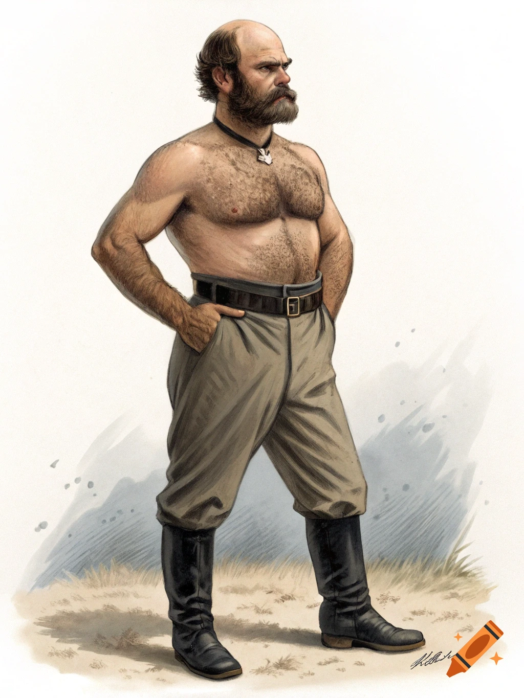 Illustration of a shirtless, bearded man in boots and pants, standing with hands in pockets.