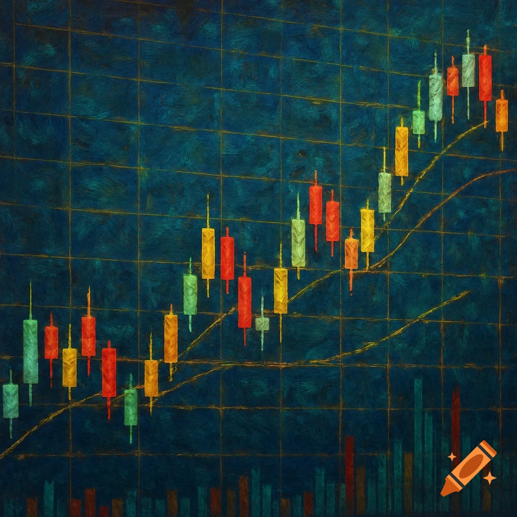 Stock chart with colorful candles and trend lines in a painterly style.