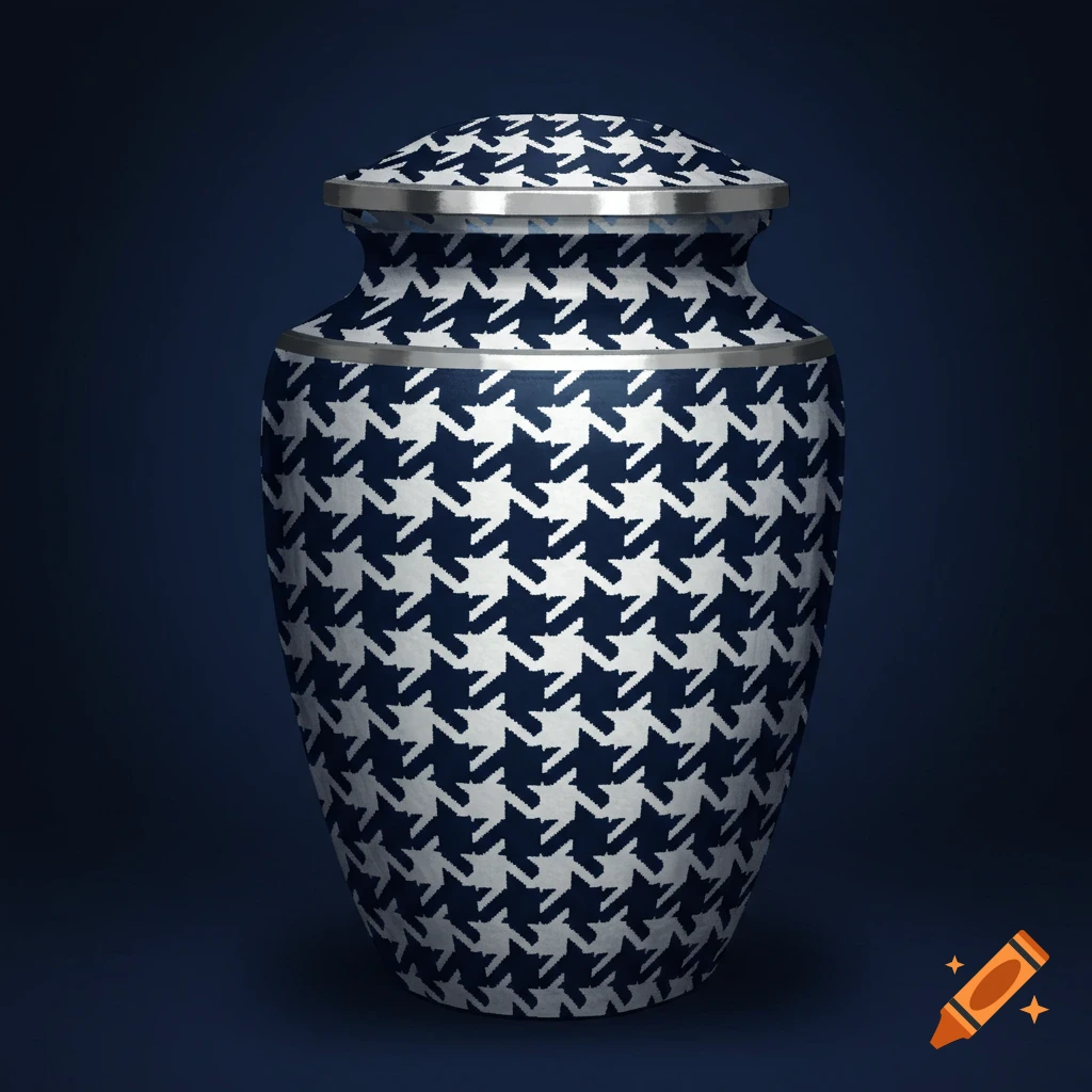 A cremation urn with a black and white houndstooth pattern and silver trim, against a dark blue background.