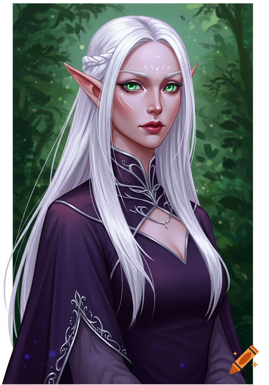 Portrait of a fantasy elf woman with white hair and green eyes in a ...
