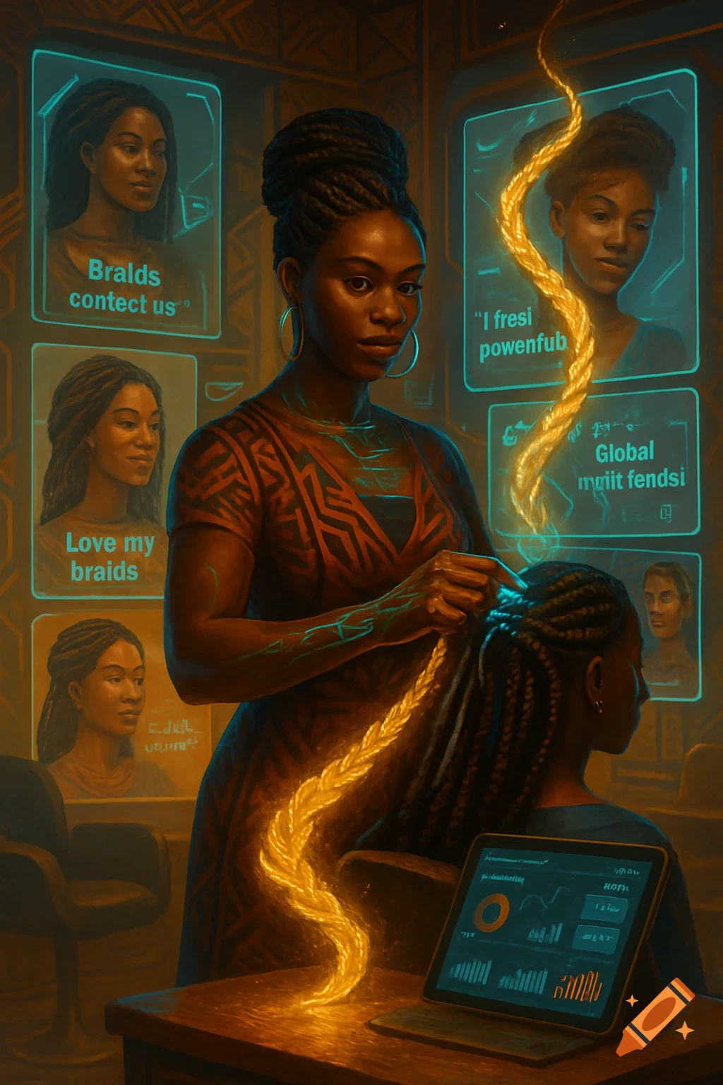 Afrofuturistic image of an African woman braiding hair with glowing light, surrounded by screens displaying images and text.