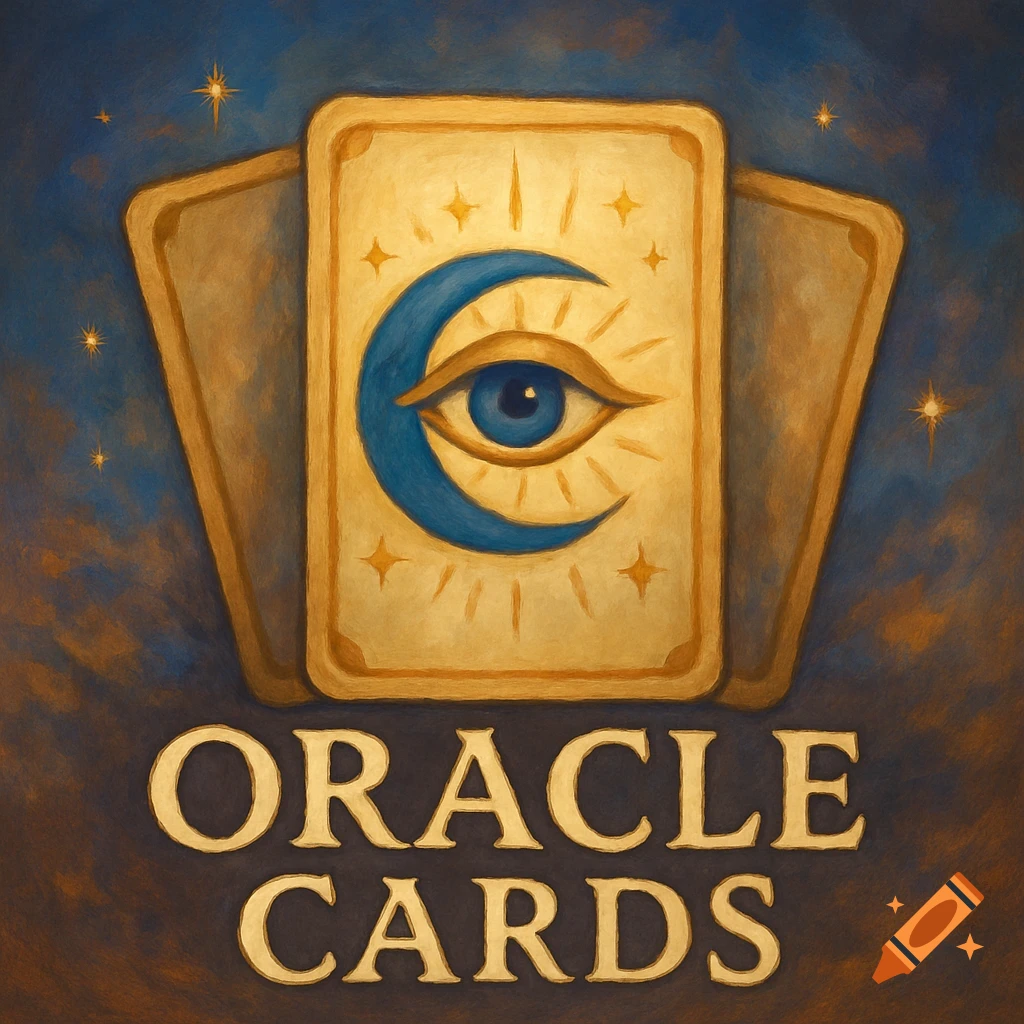 Three tarot cards with a mystic eye and moon symbol, text reads 'ORACLE CARDS', painted style.