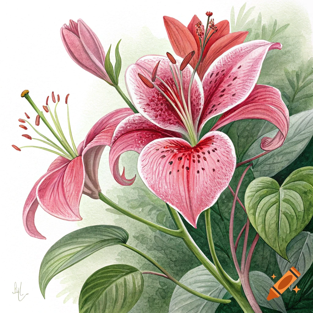 Watercolor painting of pink and red lilies with green leaves.