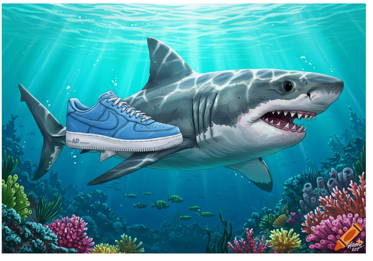 A great white shark swims underwater next to a floating blue Nike Air Force 1 shoe over a coral reef.