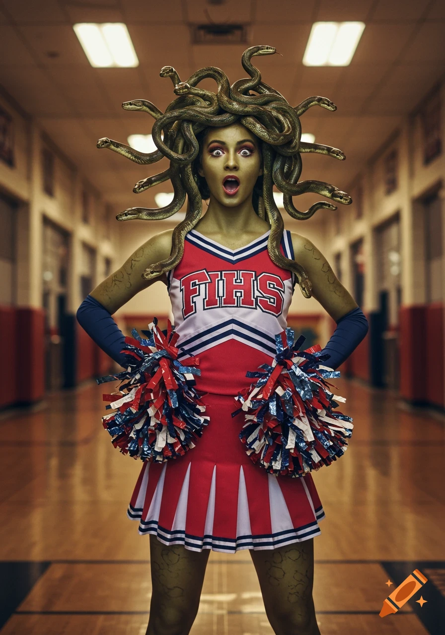 A woman with snakes for hair, dressed as a cheerleader, standing in a school hallway.
