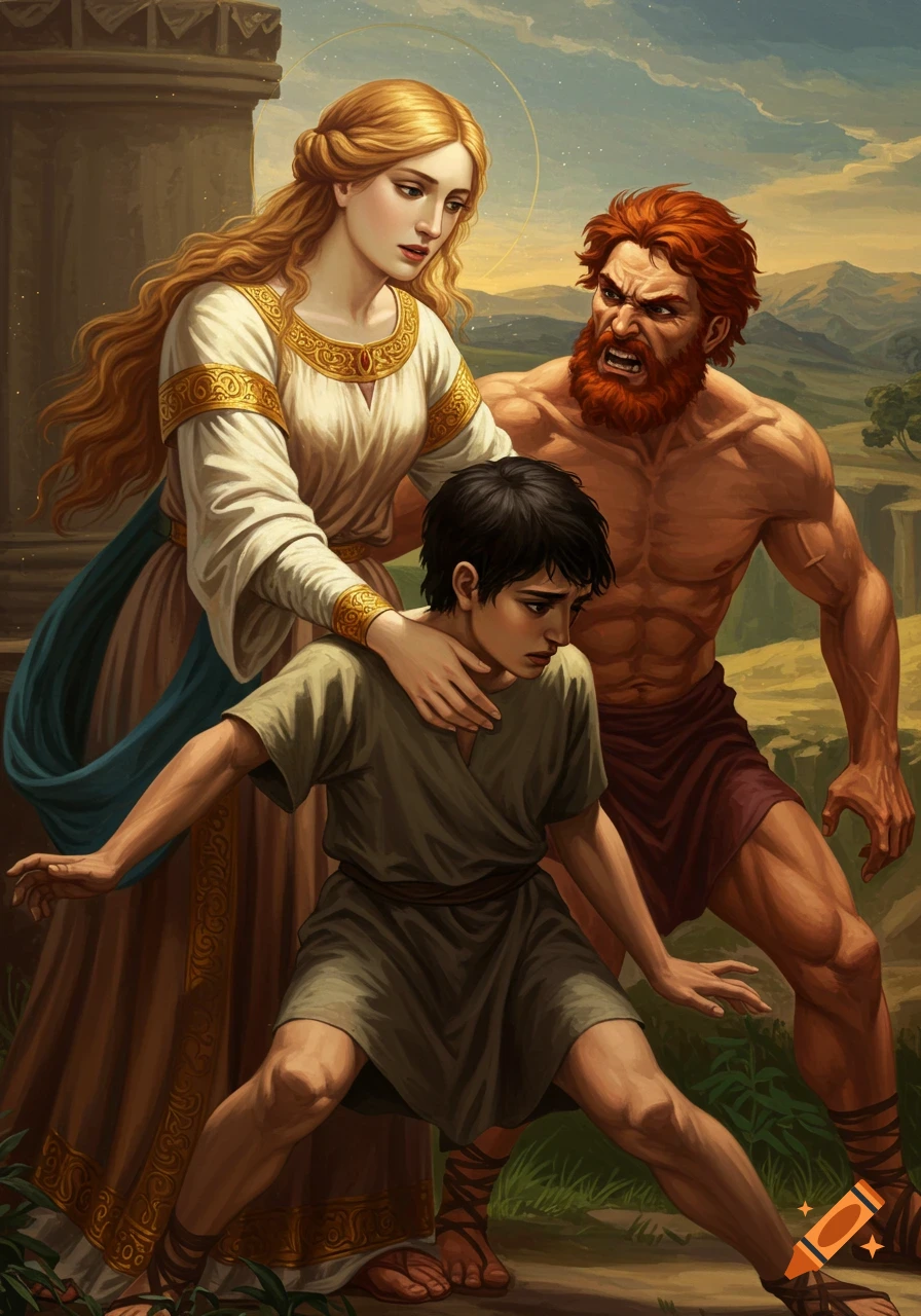 Painting of Rebecca protecting Jacob from an angry Esau in a landscape.