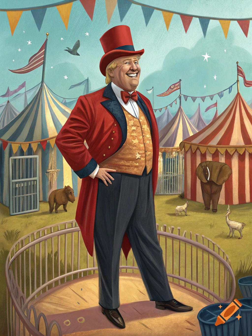 An illustration of a person in a ringmaster costume standing in a circus ring with tents and stylized animals in the background.