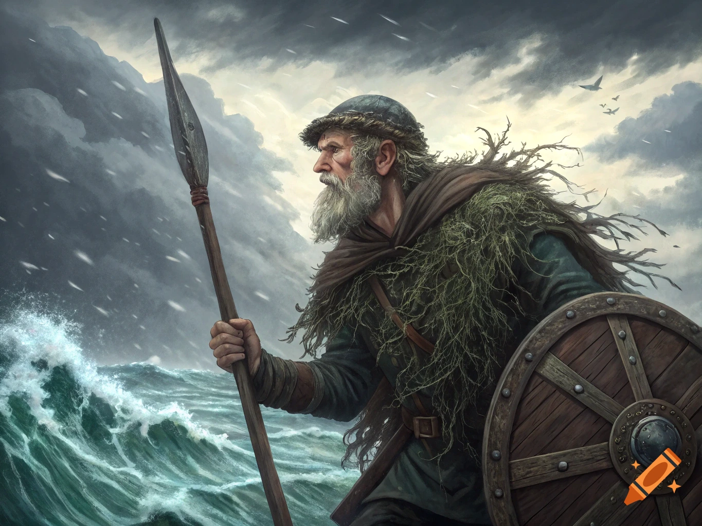 Digital painting of an old bearded man with a spear and shield in a tempestuous sea.