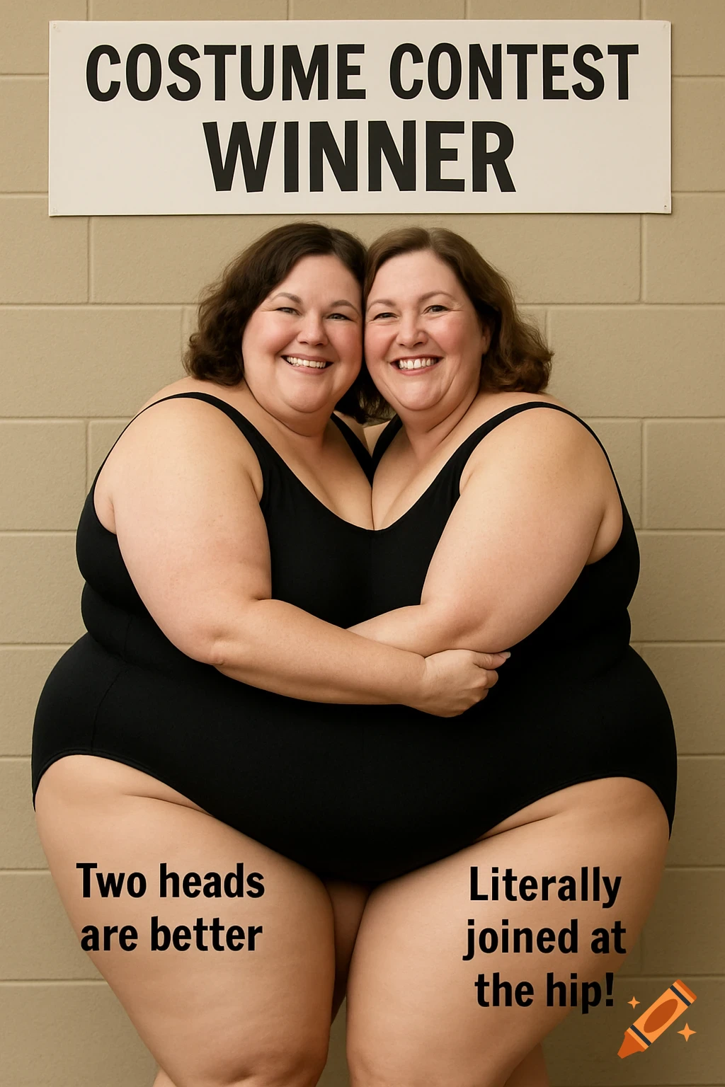 Two women in a single black leotard costume stand smiling under a sign reading 'COSTUME CONTEST WINNER'