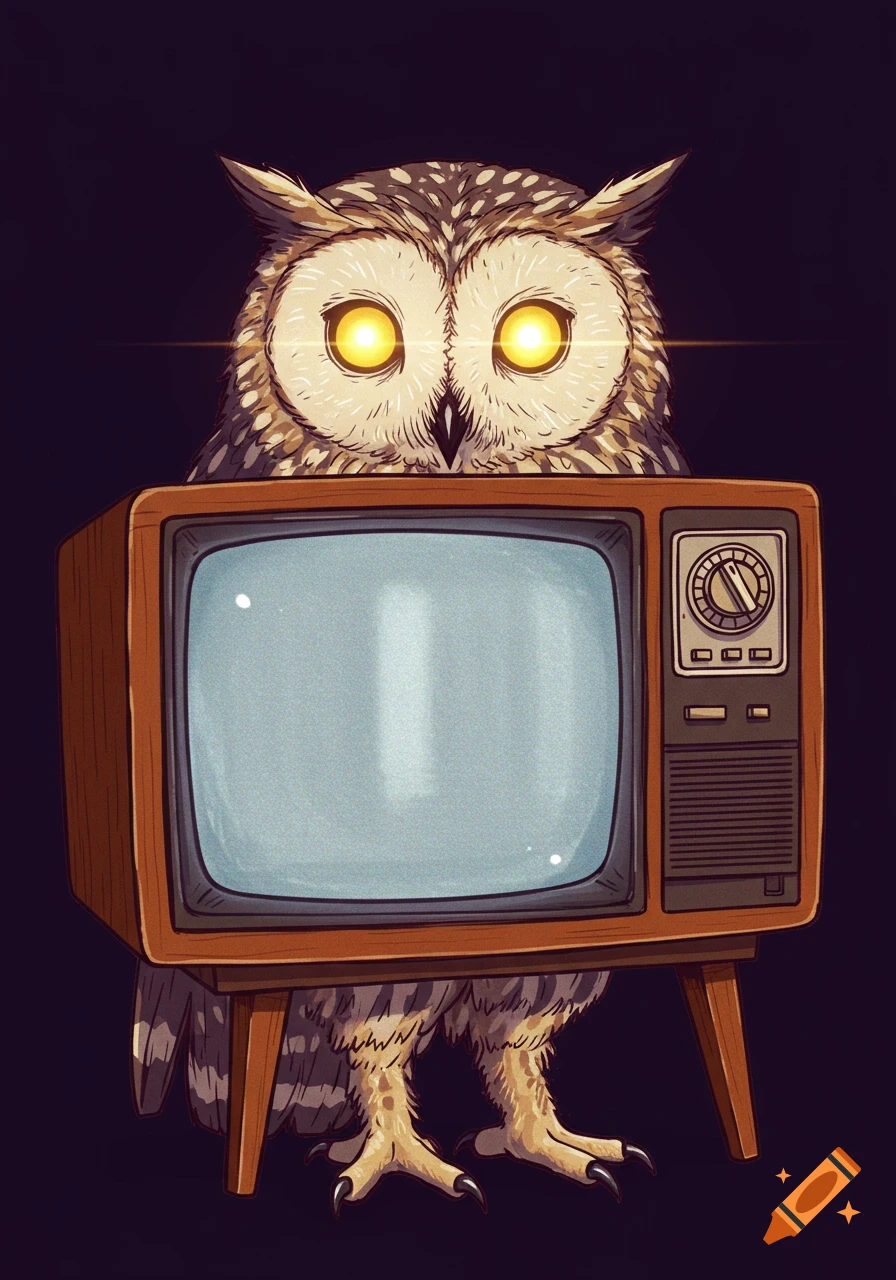 Illustration of an owl with glowing eyes behind a vintage television.