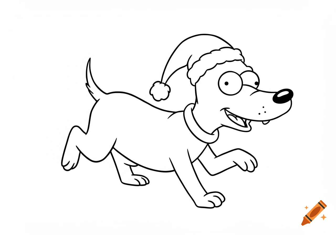 Black and white line drawing of a cartoon dog wearing a Santa hat.