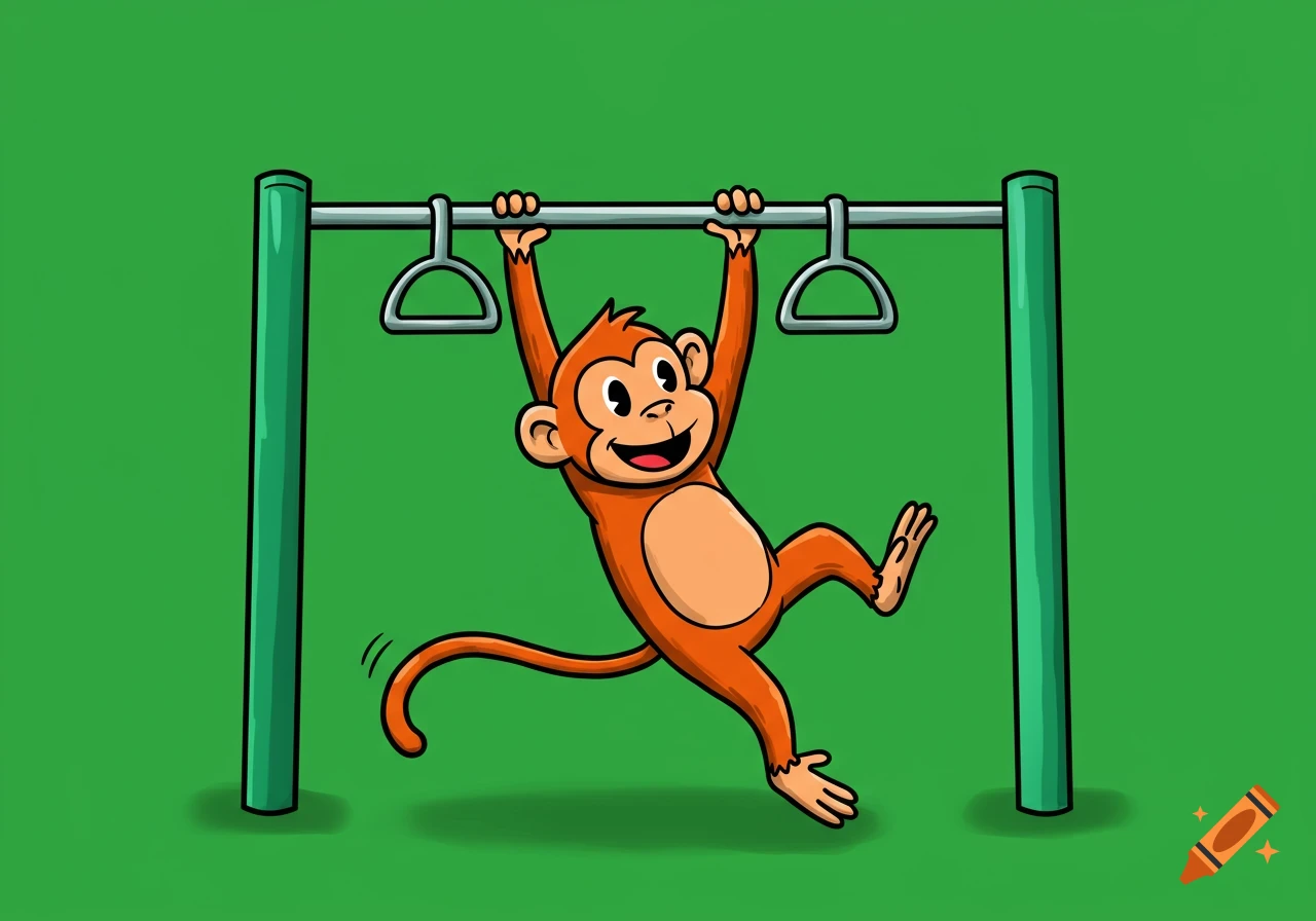 Cartoon monkey swinging on monkey bars