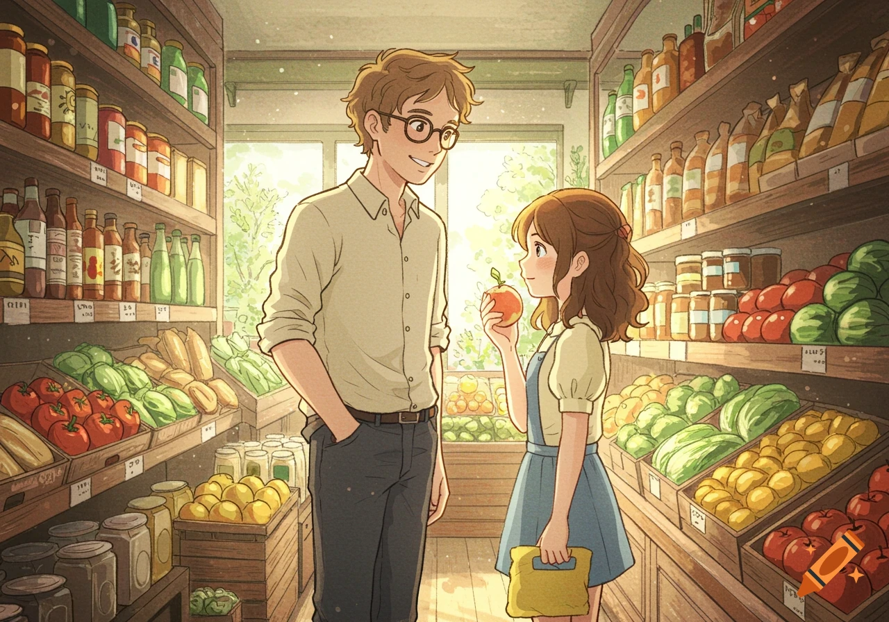Young man and woman in a sunlit Studio Ghibli style grocery store