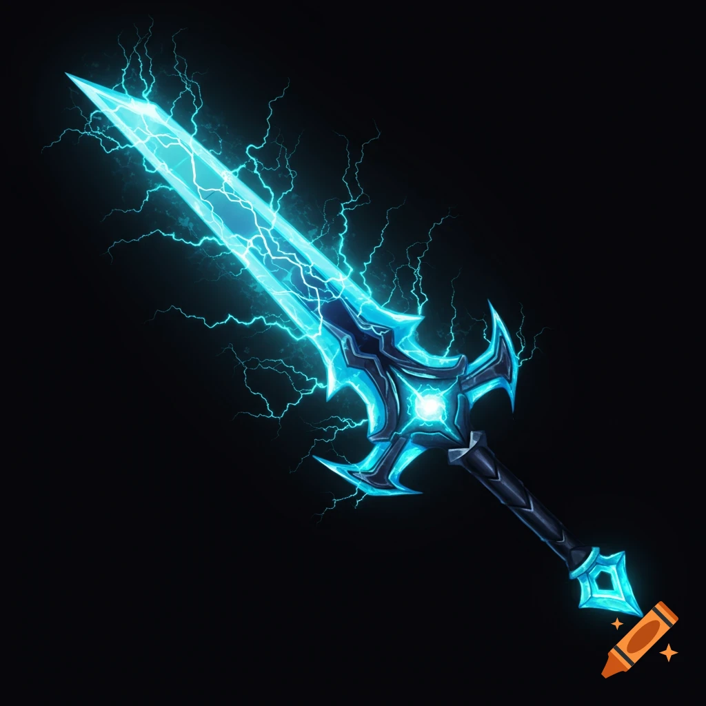 A glowing blue sword crackling with electricity on a black background.