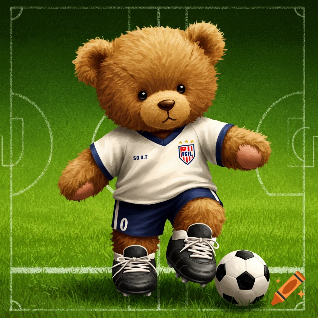 A teddy bear wearing a soccer uniform stands on a soccer field with a ball.