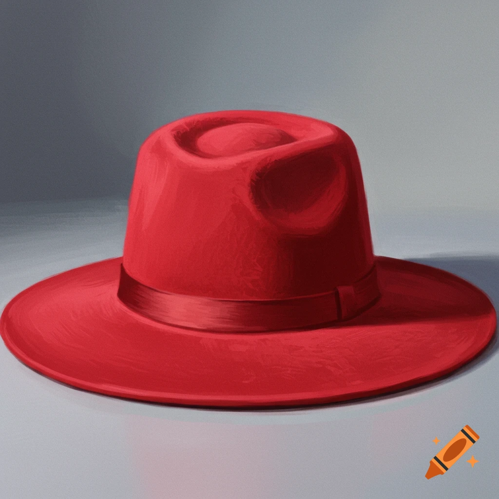 A red fedora hat on a gray background.