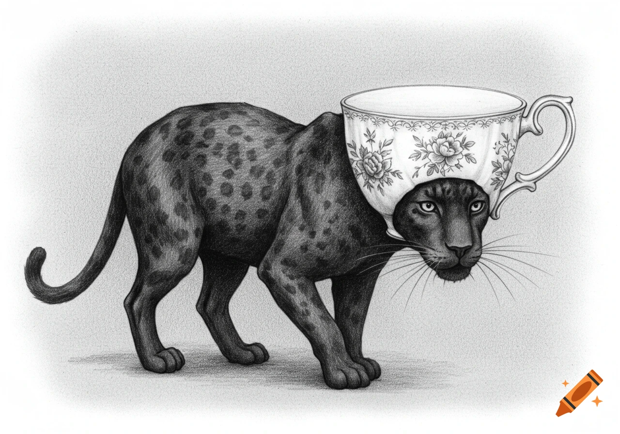 Surreal pencil drawing of a black panther wearing a teacup on its head.