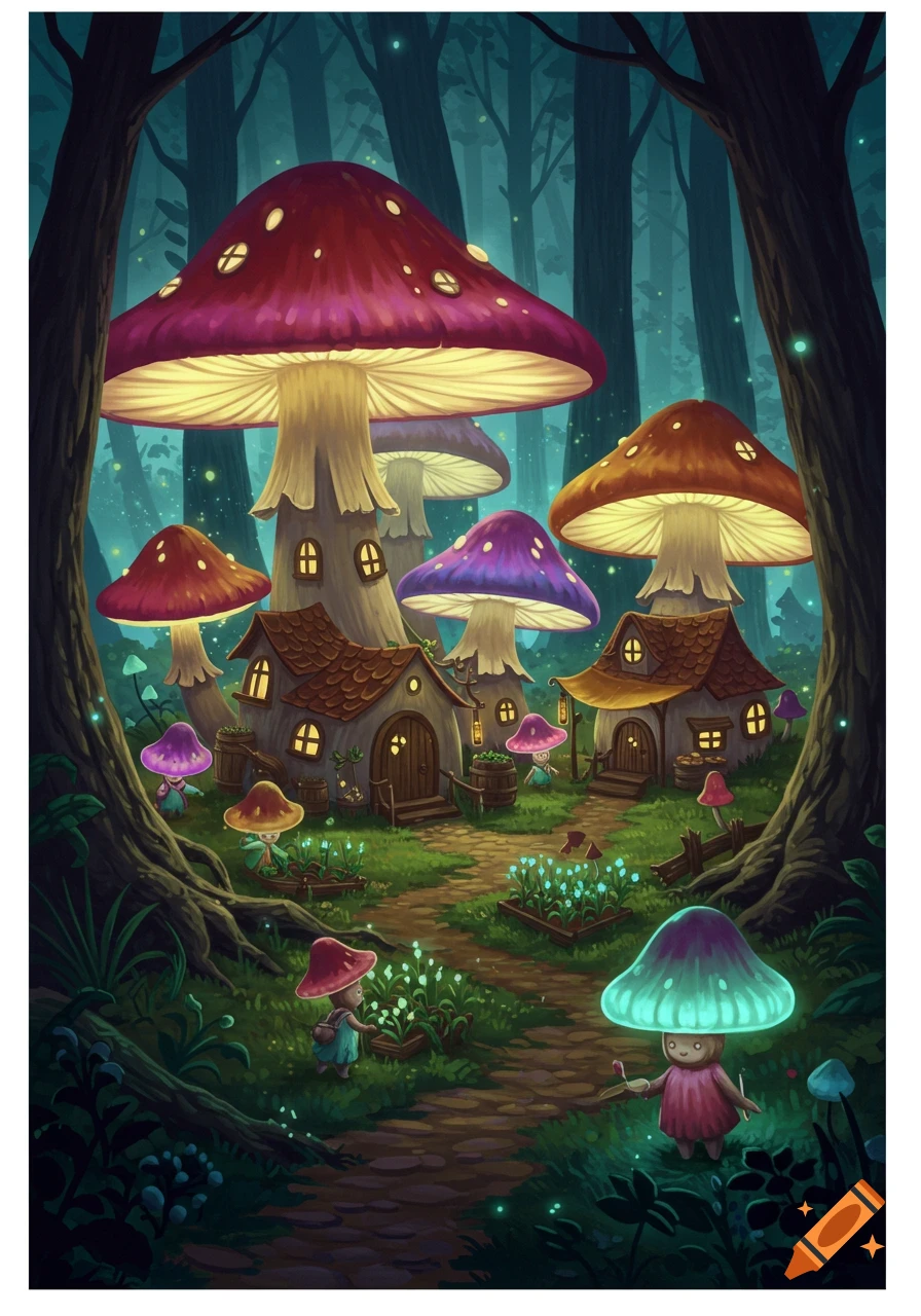 A fantasy illustration of a village made of large, glowing mushrooms in a mystical forest, inhabited by small creatures.