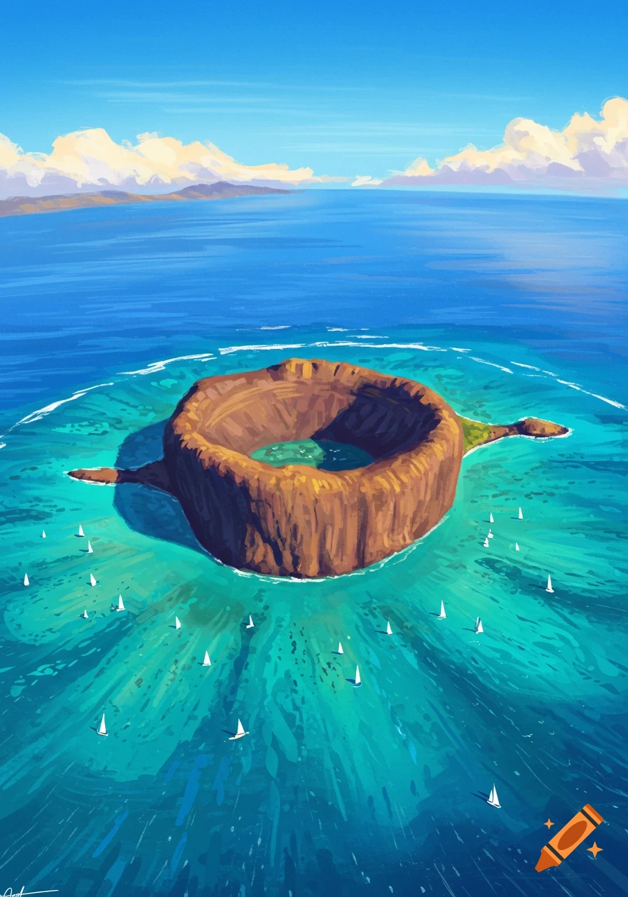 Aerial view of a circular island caldera in a bright blue ocean with numerous white sailboats, digital painting.