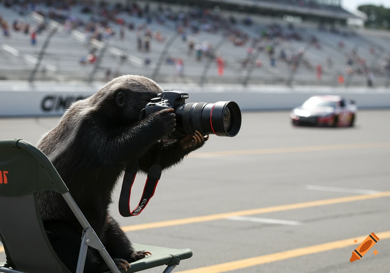 A chimpanzee sits in a chair holding a camera and photographing a race car on a track.