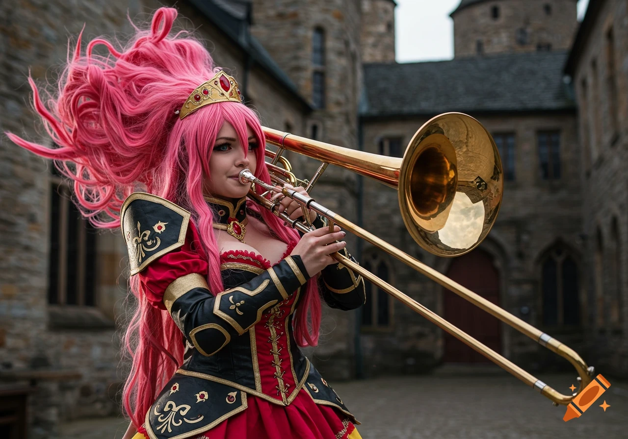 A woman in an elaborate red and black cosplay dress with pink hair and a crown plays a trombone in a castle courtyard.