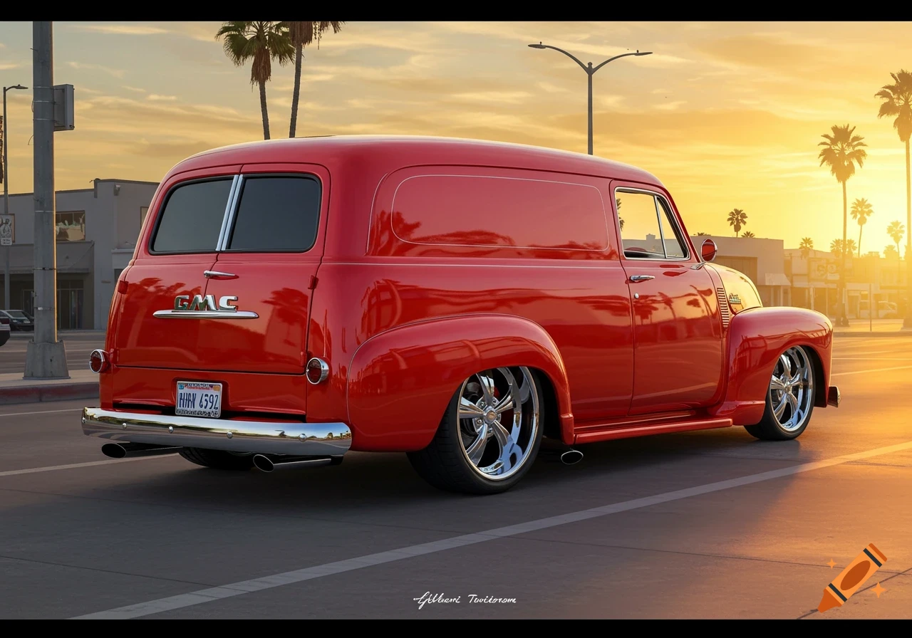 Red classic GMC panel truck street rod parked on a street at sunset