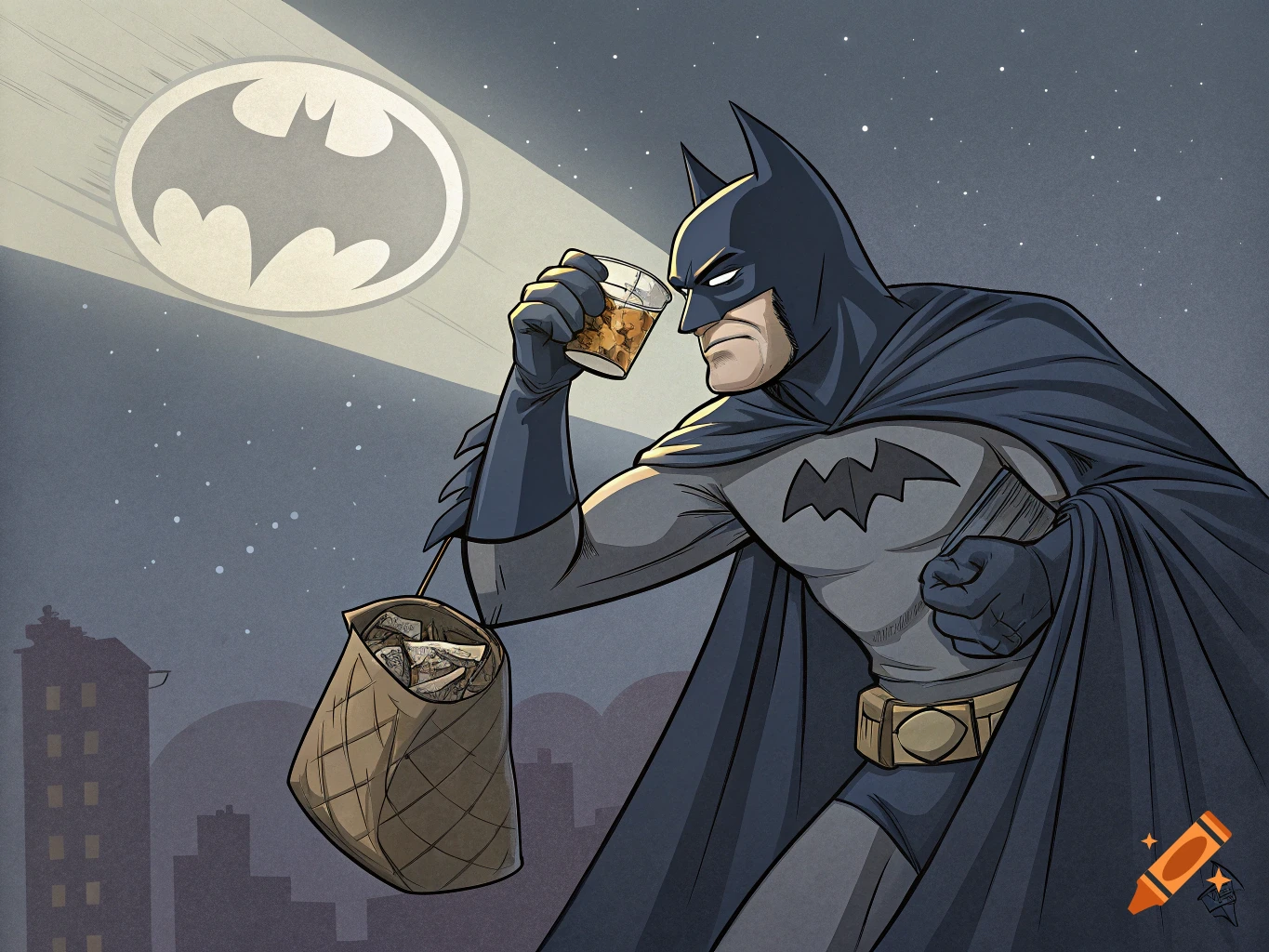 Cartoon illustration of Batman holding a drink and bag of money under the Bat-signal at night.