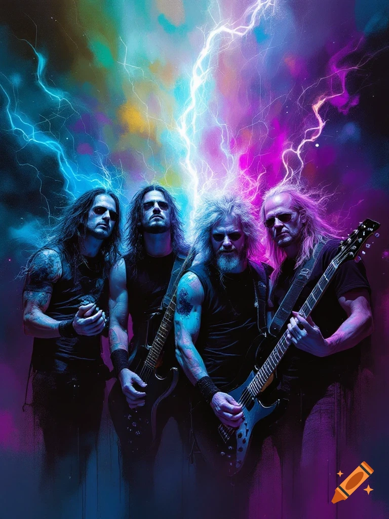 Heavy metal band playing guitars amidst colorful lightning