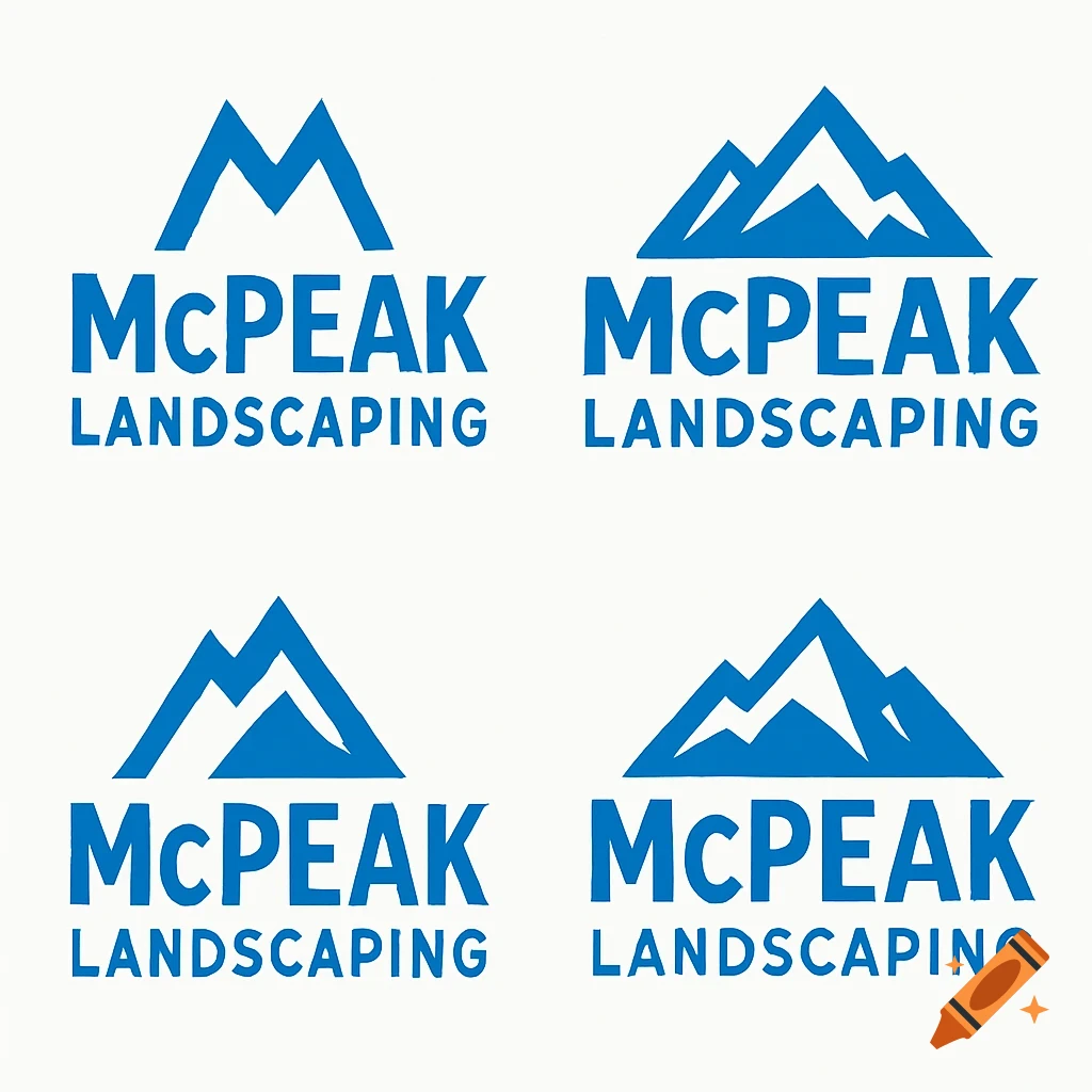 Four blue logos for McPeak Landscaping, each with a mountain graphic.