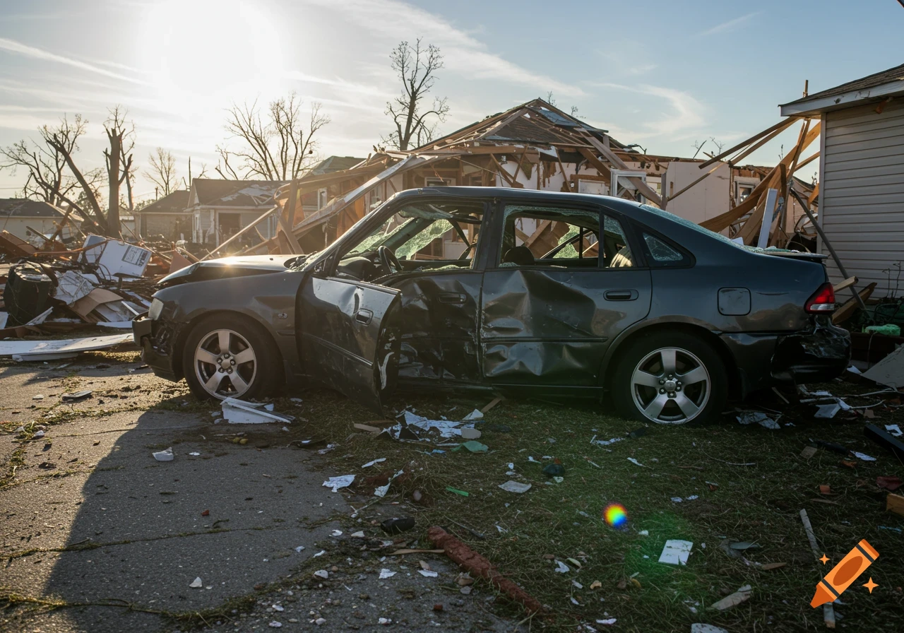 A dark grey car heavily damaged by a tornado sits among debris and destroyed houses under a sunny sky.