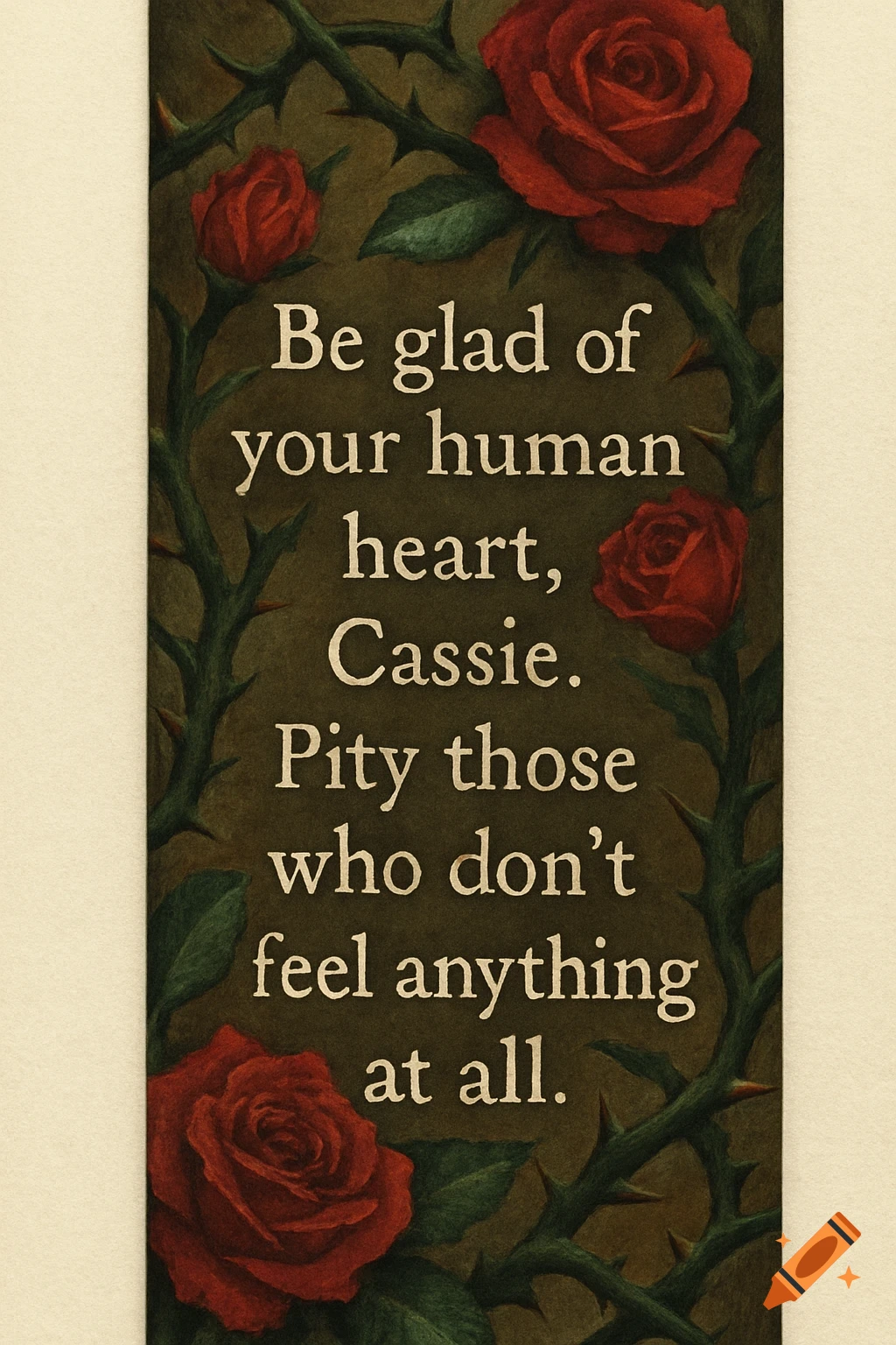 Bookmark illustration with text 'Be glad of your human heart, Cassie. Pity those who don’t feel anything at all' surrounded by red roses and thorns.