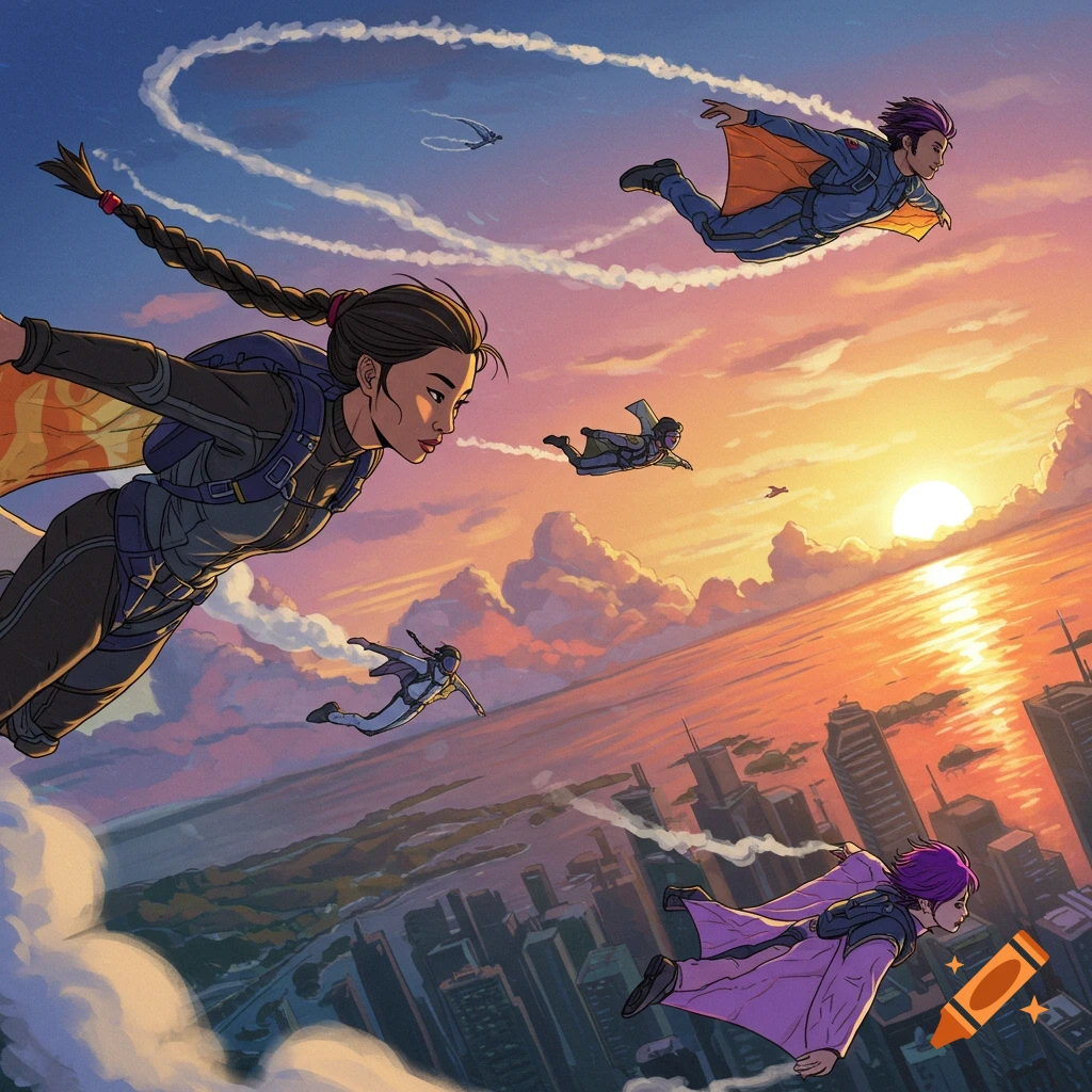 Several figures skydive over a city during sunset in a comic book style.