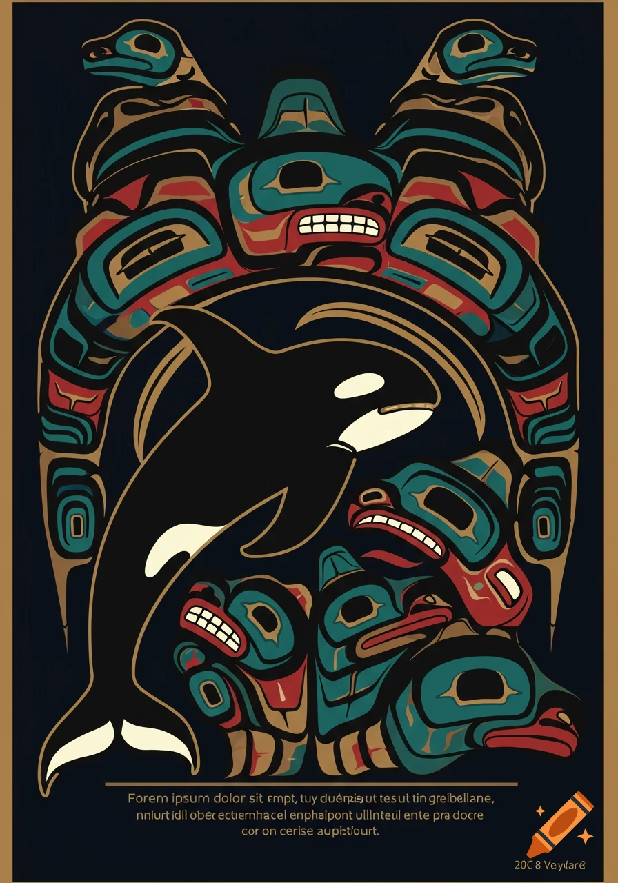Stylized Salish Pacific Northwest art featuring an orca surrounded by tribal forms in red, black, teal, and gold.