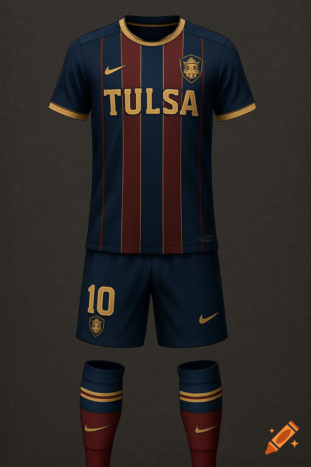 Soccer uniform kit in dark blue, red, and gold with 'Tulsa' and number 10